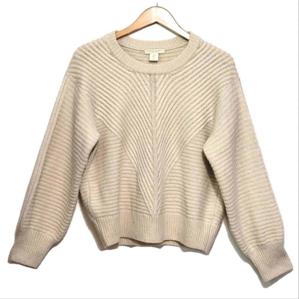 Christian Siriano Wool Blend Ribbed Crew Neck Cream Ivory Knit Sweater Size M - Picture 2 of 13